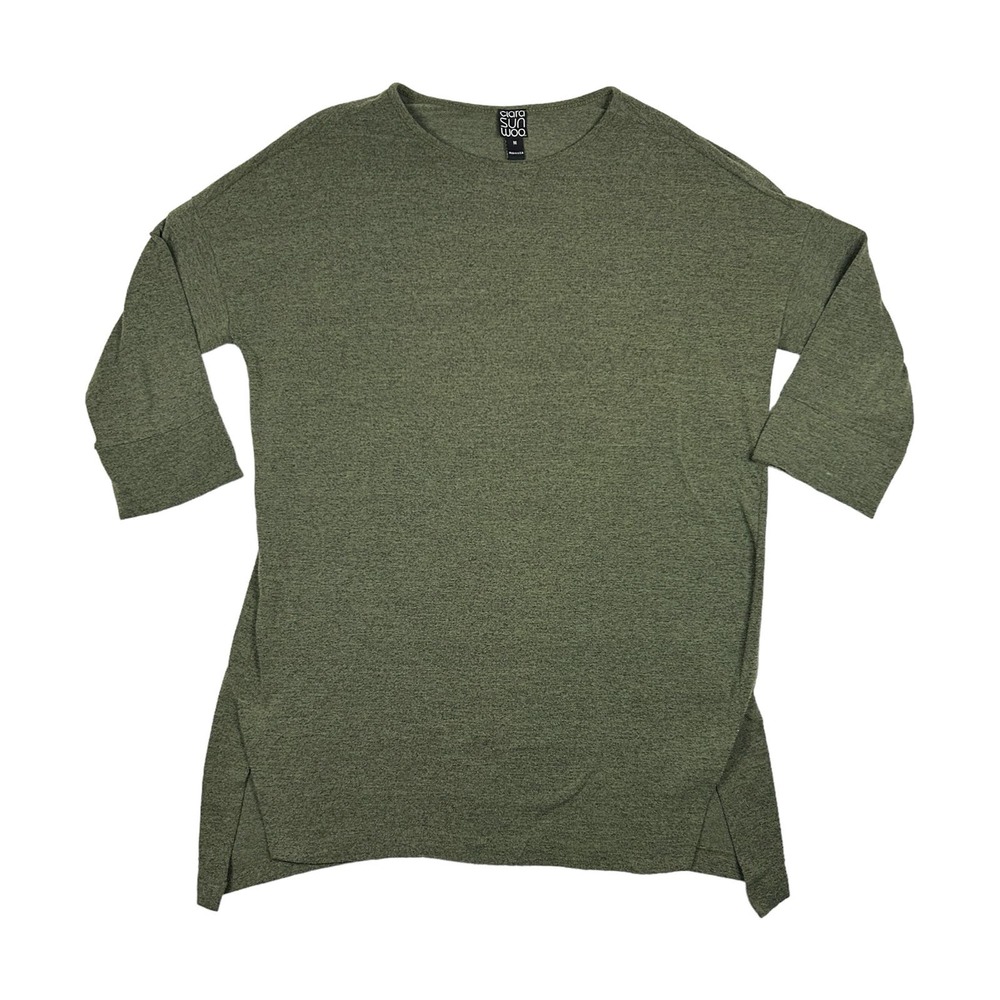 Clara Sun Woo Sz M 12 Tunic Round Neck Vent Parachute Hem 3/4 Sleeve Green USA